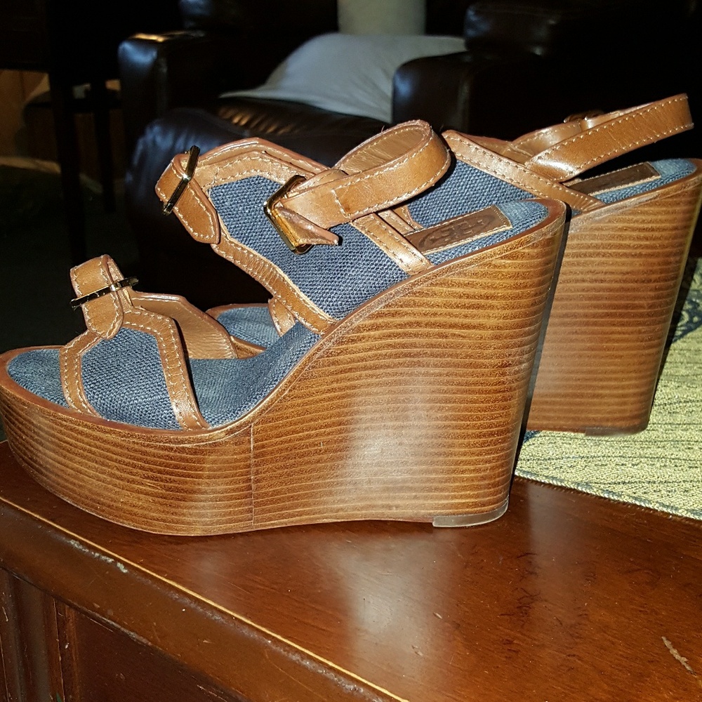 Tory Burch Navy Blue Canvas/Almond Wedge Sandal